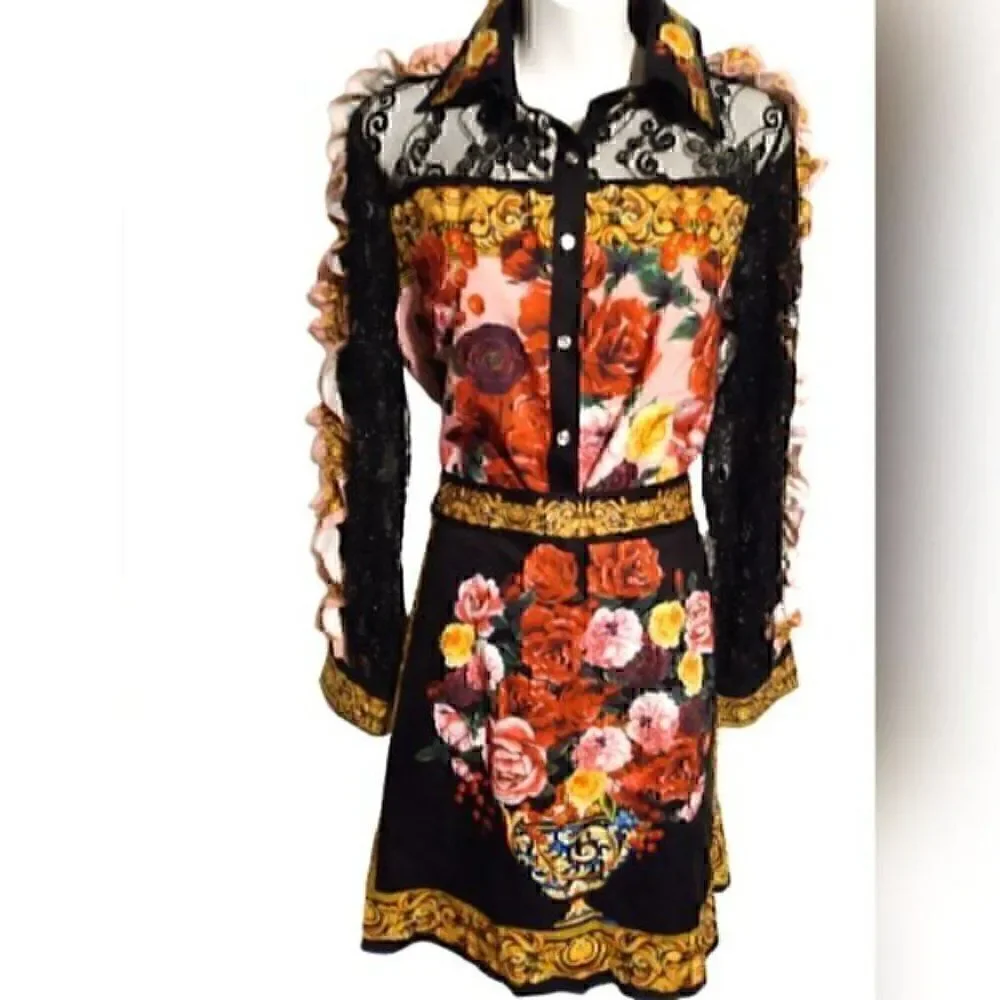 Vintage Floral Flower Collar Floral Print Lace Ruffles Top & Skirt XXL EURO